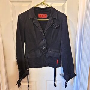 Tripp Black Goth Button-up Blazer Jacket with Lace-up Sleeves